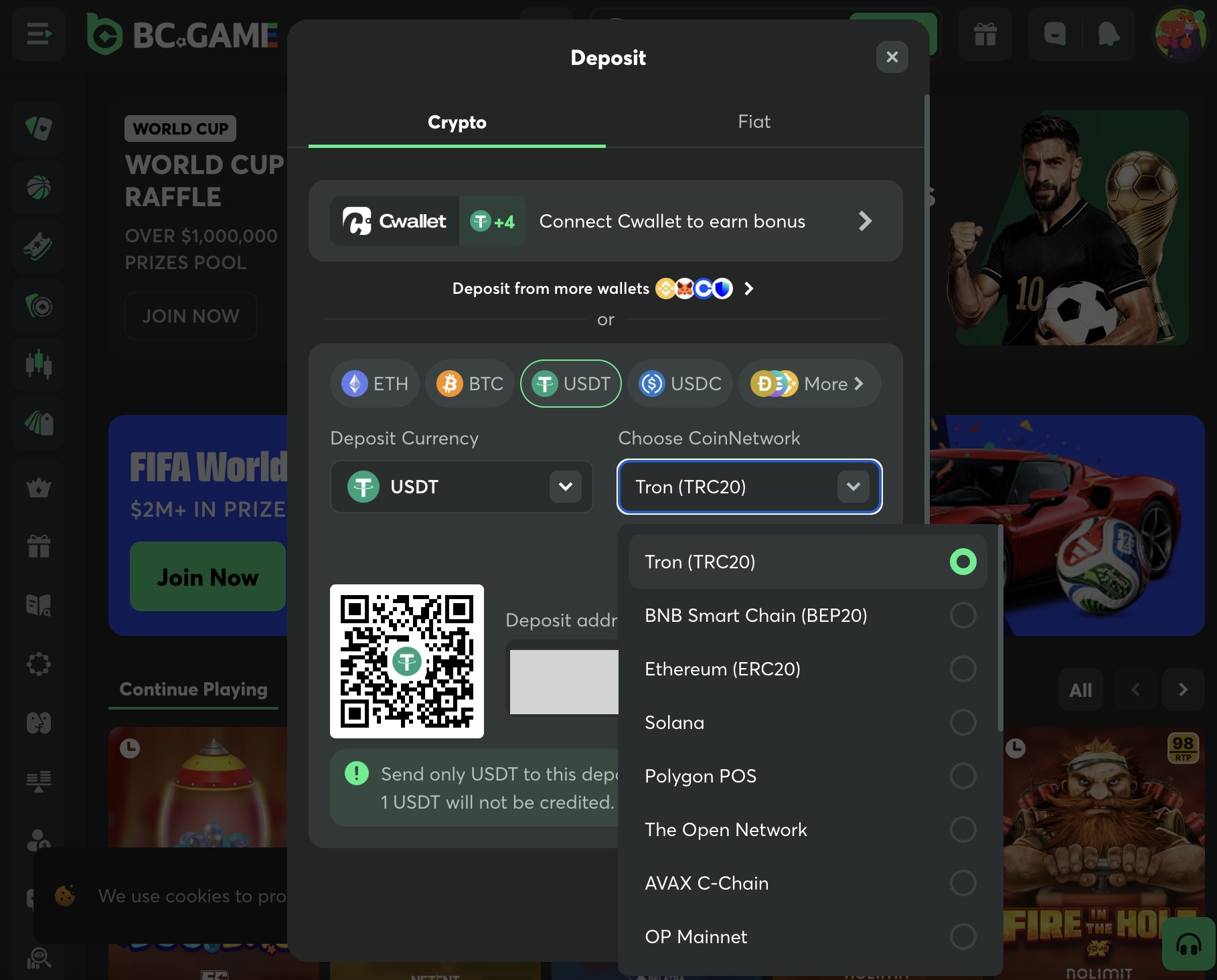 BC.Game cashier - USDT deposit networks