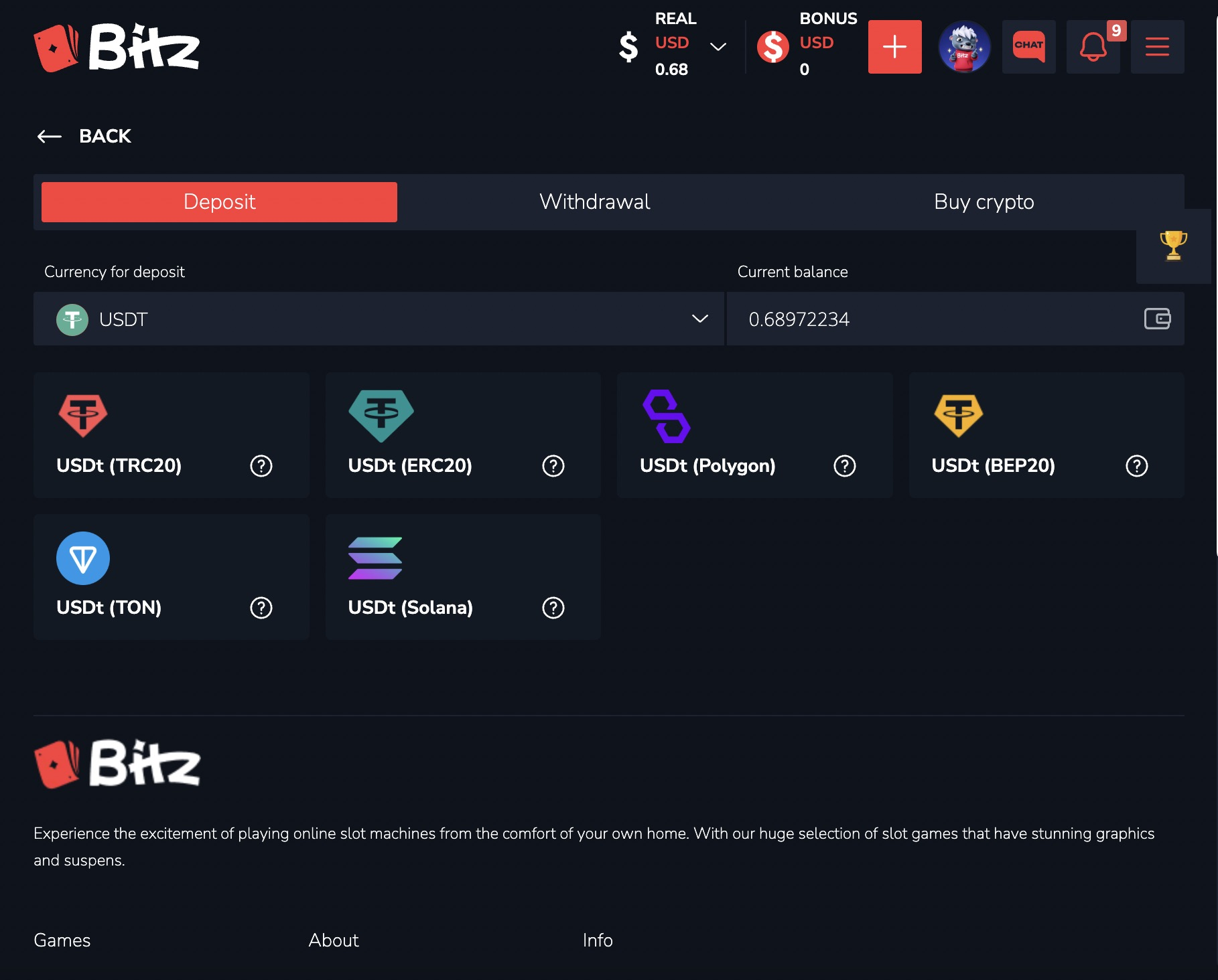Bitz Casino cashier - USDT deposit networks