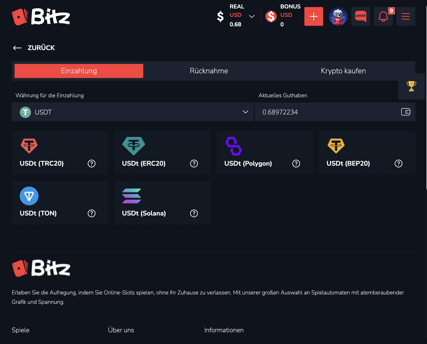 Bitz Casino Kasse - USDT-Einzahlungsnetzwerke