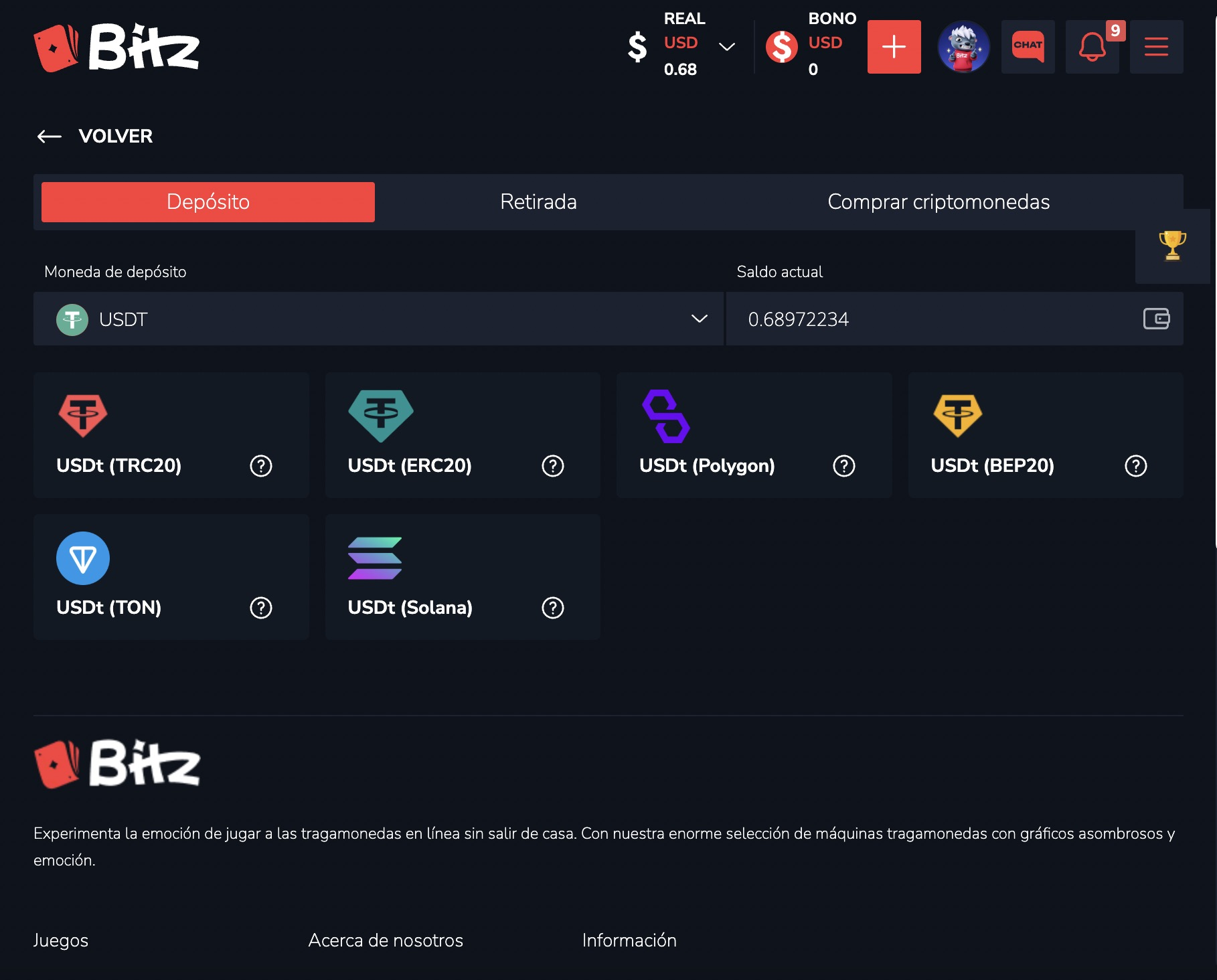 Caja de Bitz Casino - redes de depósito USDT