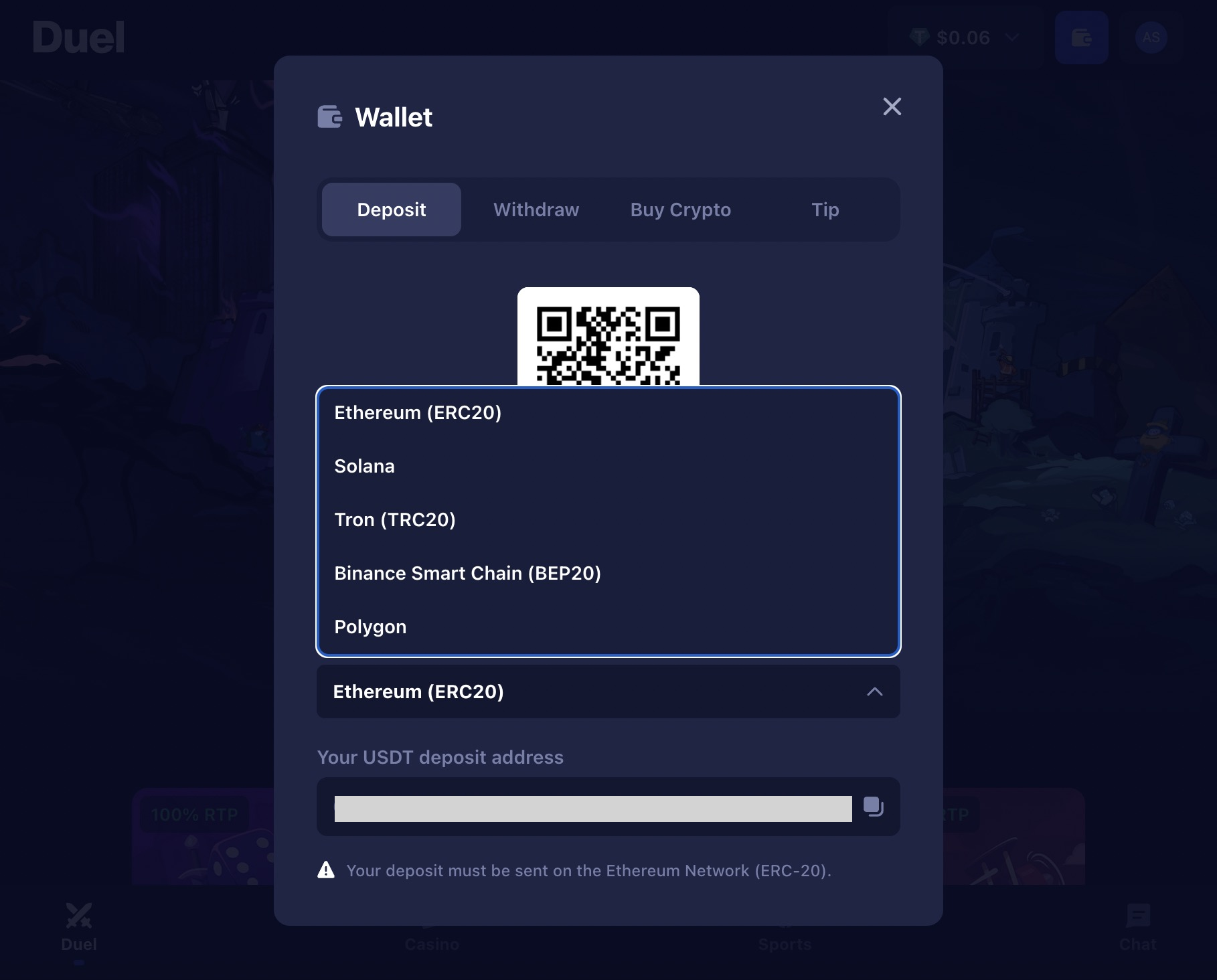 Duel Casino cashier - USDT deposit networks