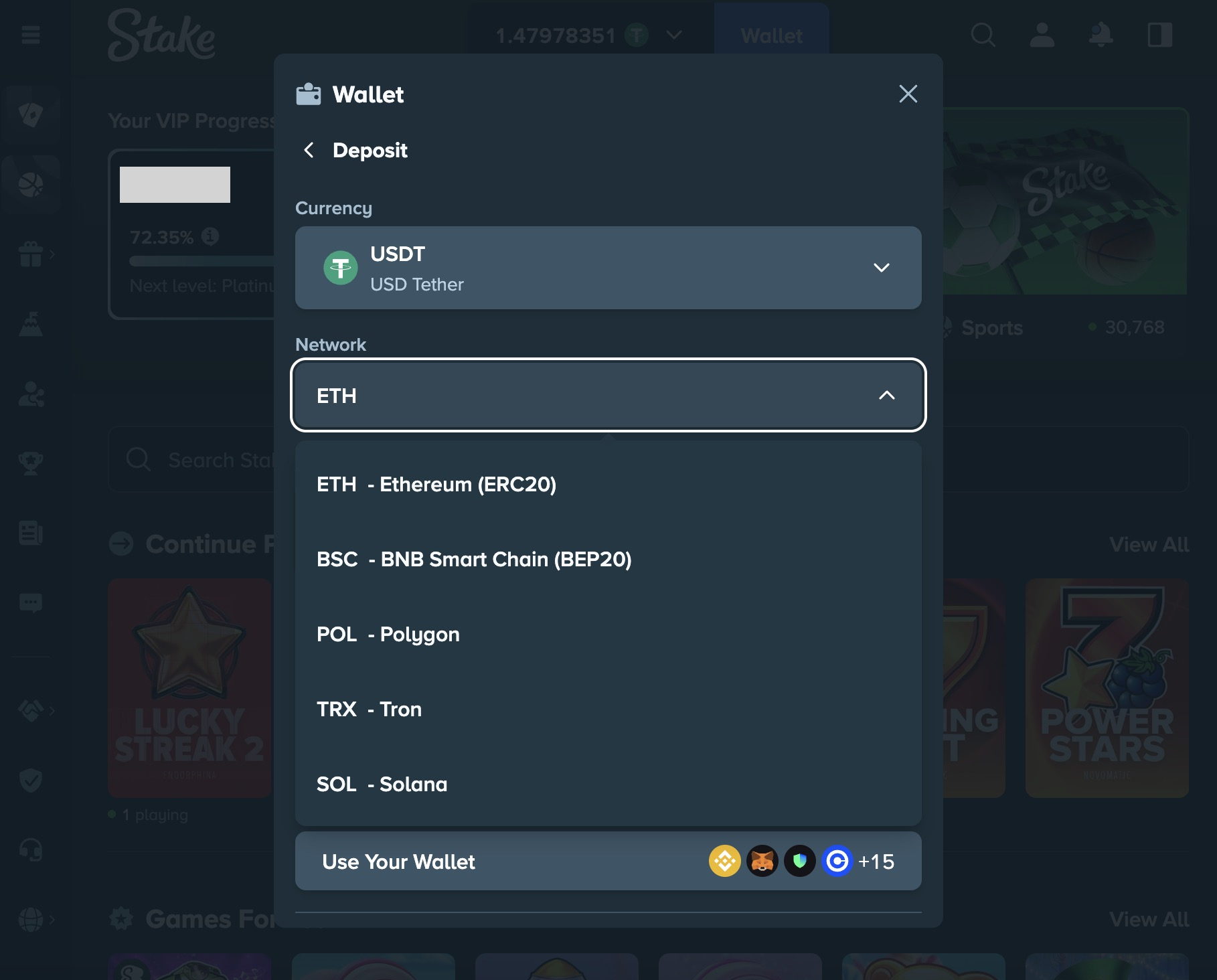 Stake Casino cashier - USDT deposit networks